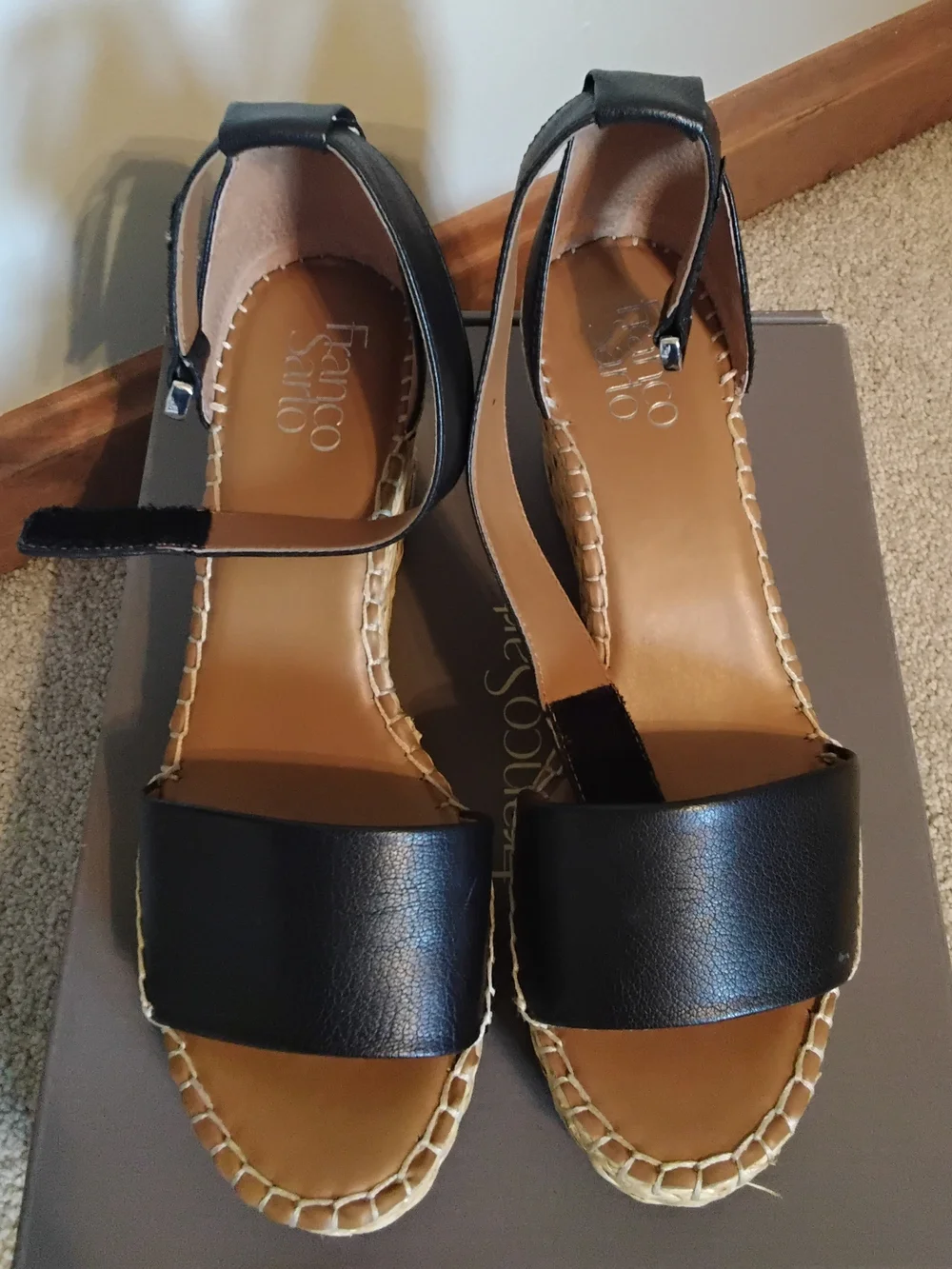 Franco Sarto Black Leather Espadrille Wedge Sandals with Ankle Strap, Size 9